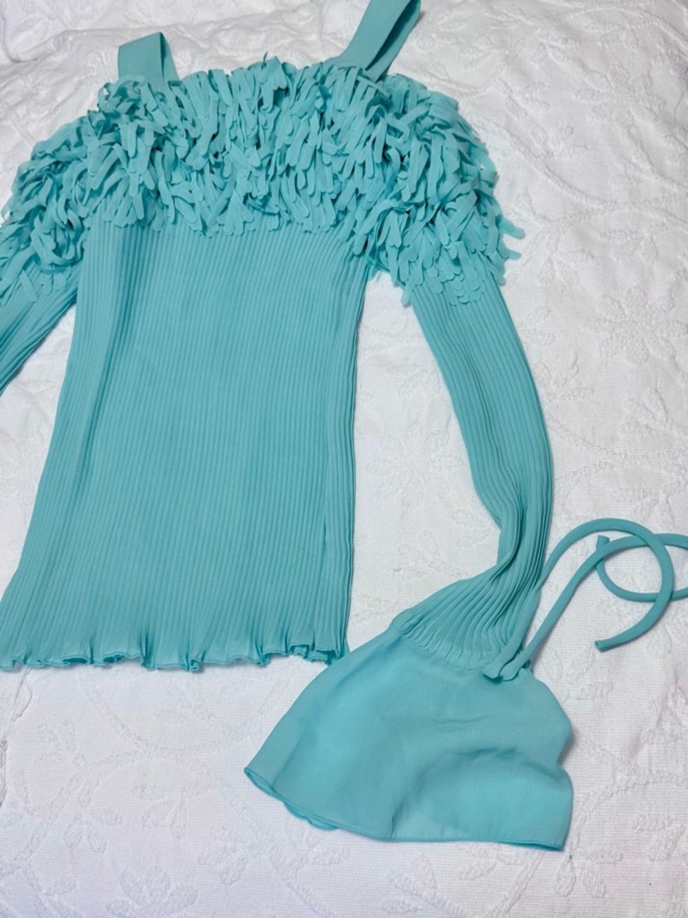Aqua Fringe-Trim Long-Sleeve Ribbed Women's Top - Picture 9 of 12